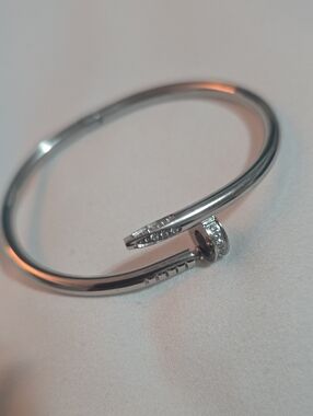 Silver Tone Nail-Style Bangle Bracelet with Crystal Accents